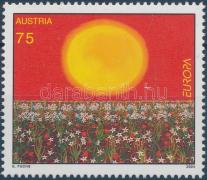 Nap a virágos mező felett bélyeg, Field of flowers stamp, Sonne über Blumenfeld Marke